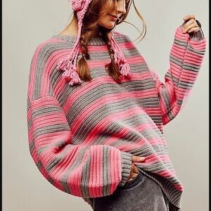 NWOT Free People, Links Pullover, Pink/Gray Stripes